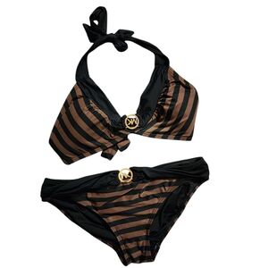 Michael Kors Black and Brown Striped Bikini with Gold Accents
